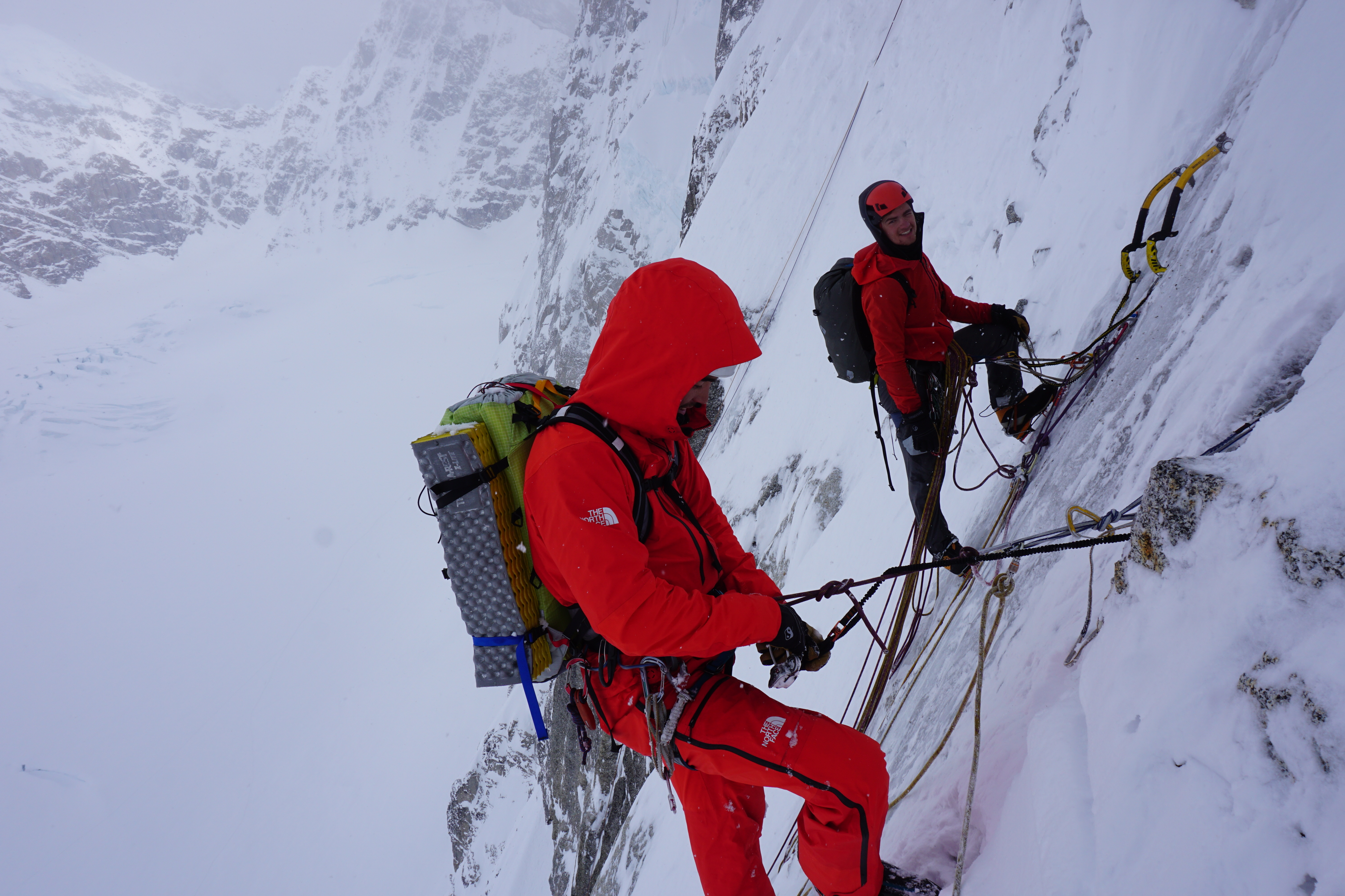 Aki and Nate at a belay on the Moonflower.