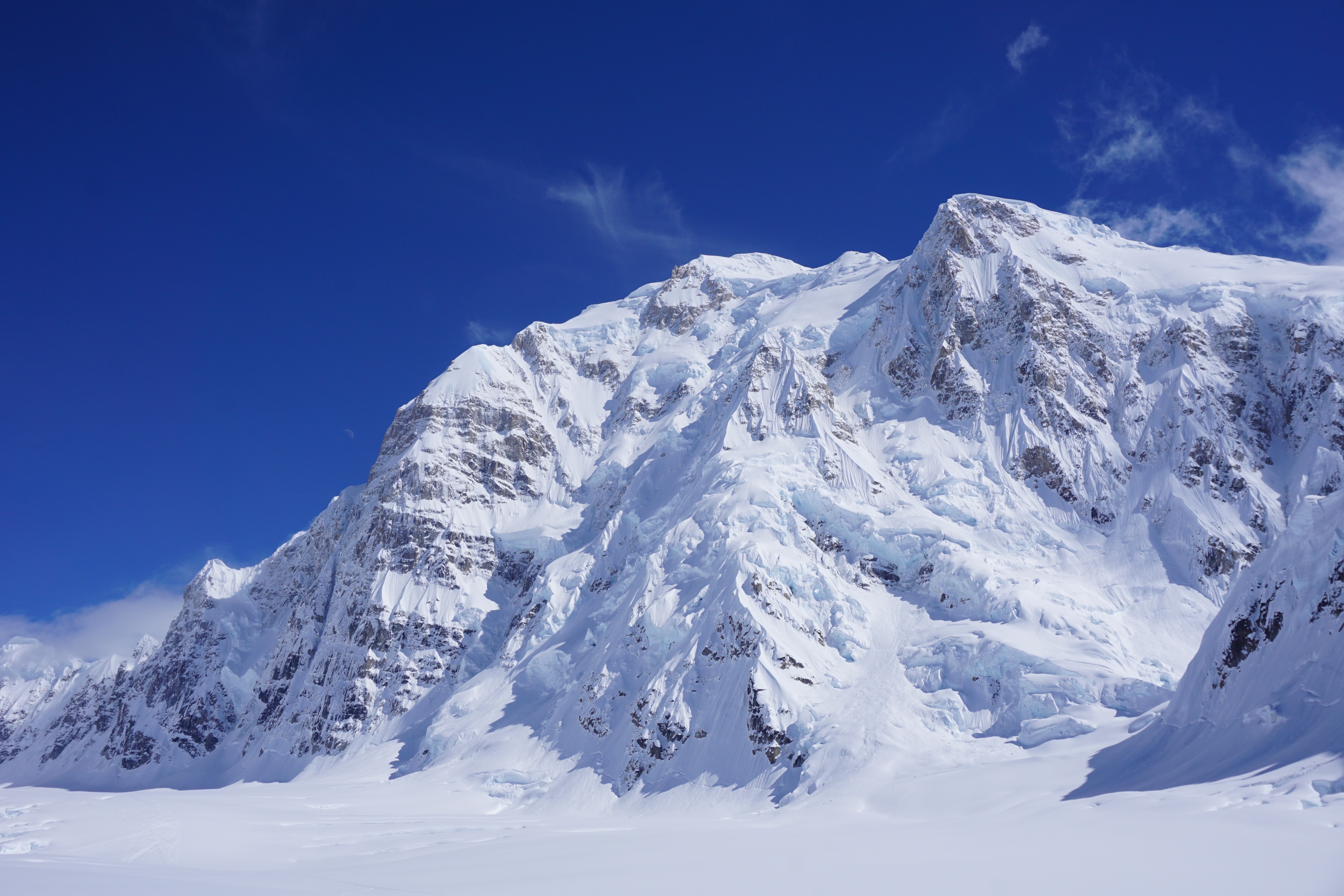 The Moonflower on Mount Hunter. The route takes the buttress left of center then follows the skyline to the summit.